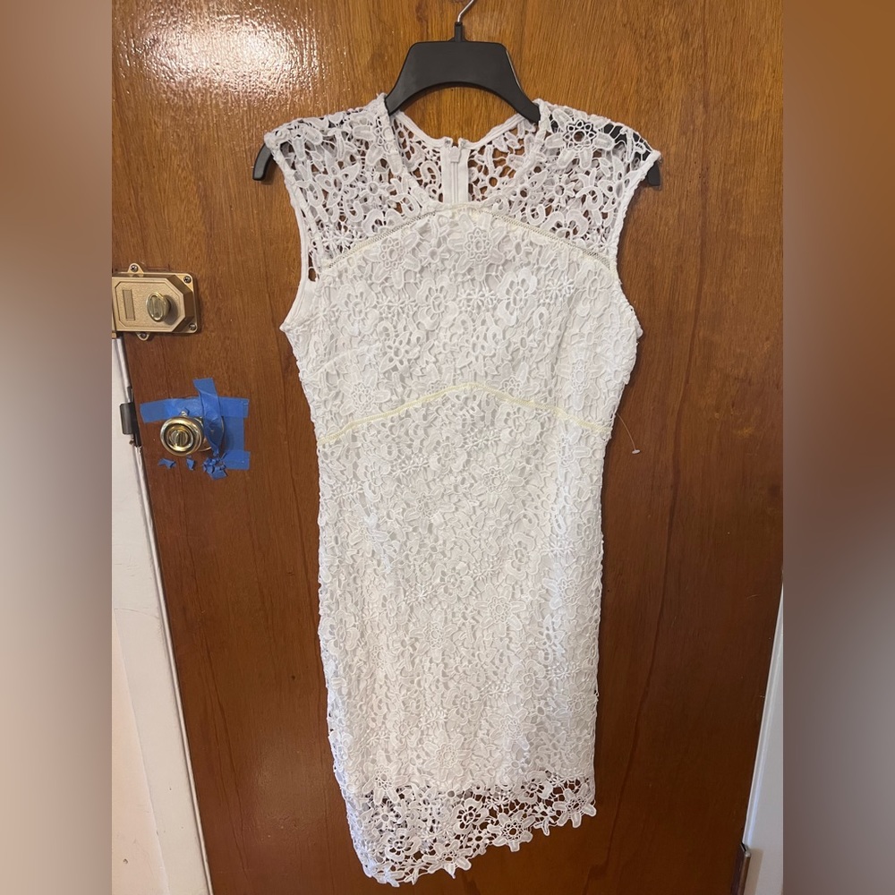 NWT - Bebe White Lace Asymmetrical Cut on Bottom- wedding shower dress - floral